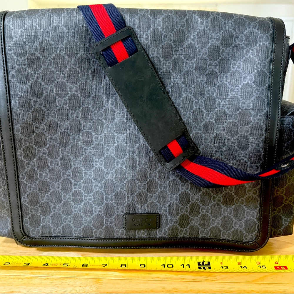 GUCCI GG Supreme Monogram Web Leather Adjustable Messenger Diaper Bag Black Red